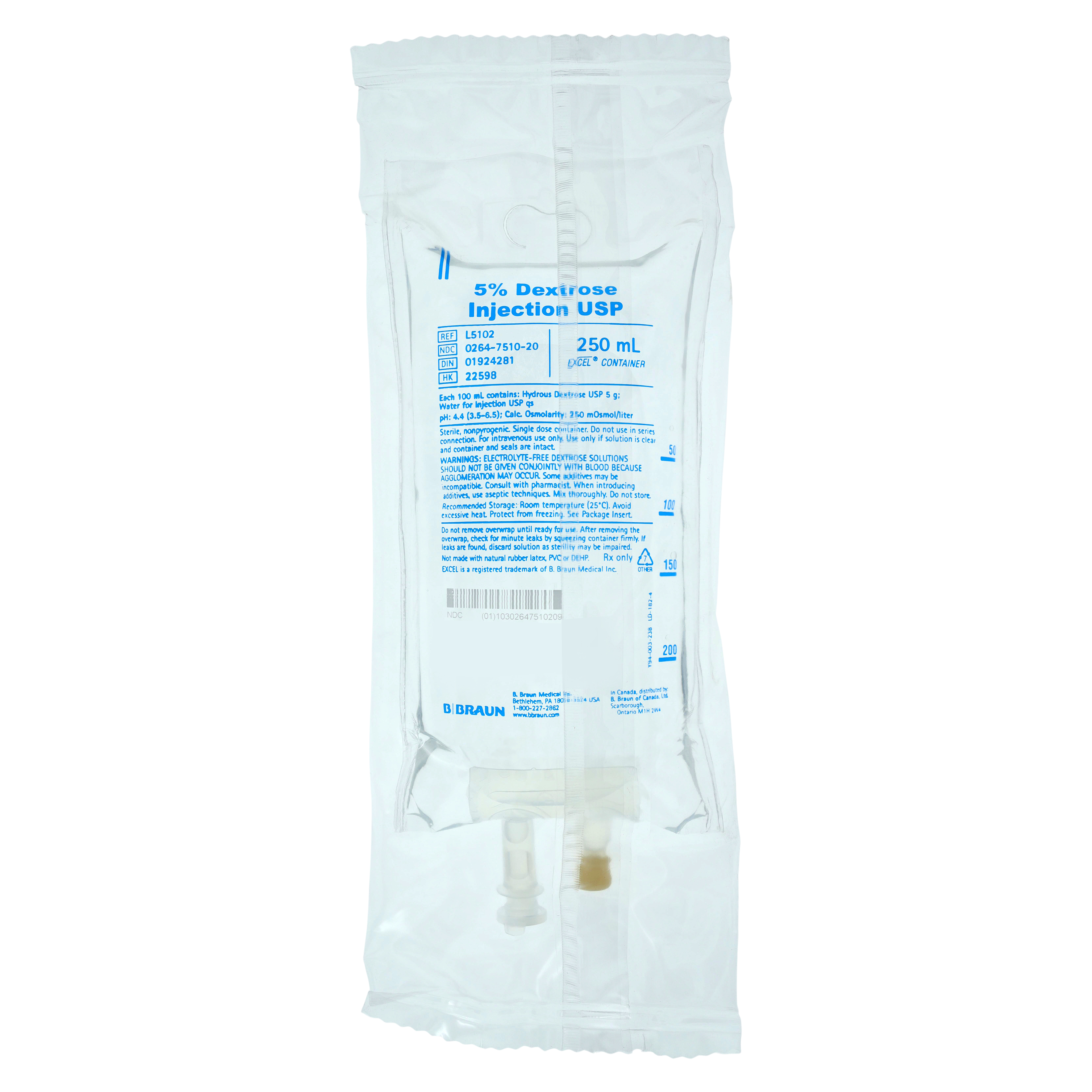 IV Injection Solution Dextrose 5%/Water 250mL Excel IV Bag Container Bag